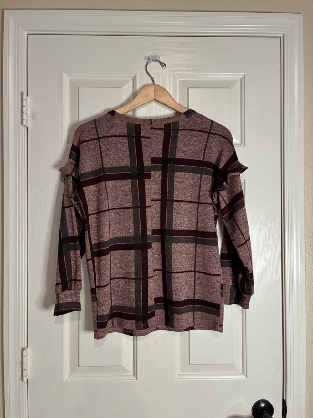 Plaid Ruffle Detail Crewneck Sweater in Mauve - Picture 2 of 6